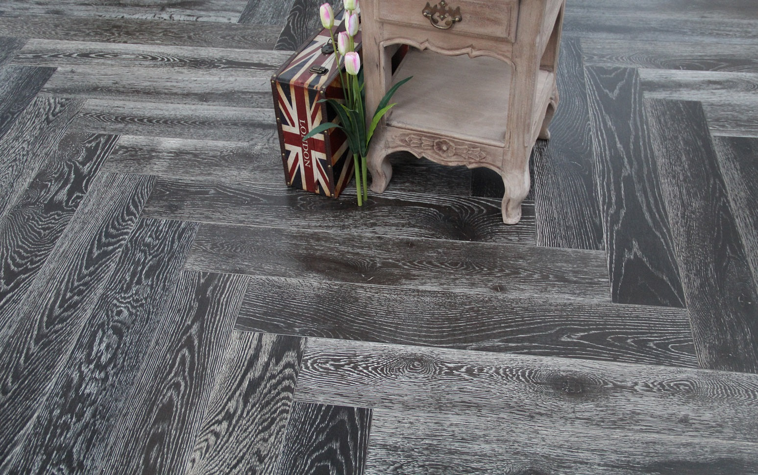 Black Stained & White Oiled Parquet Herringbone BHO1403